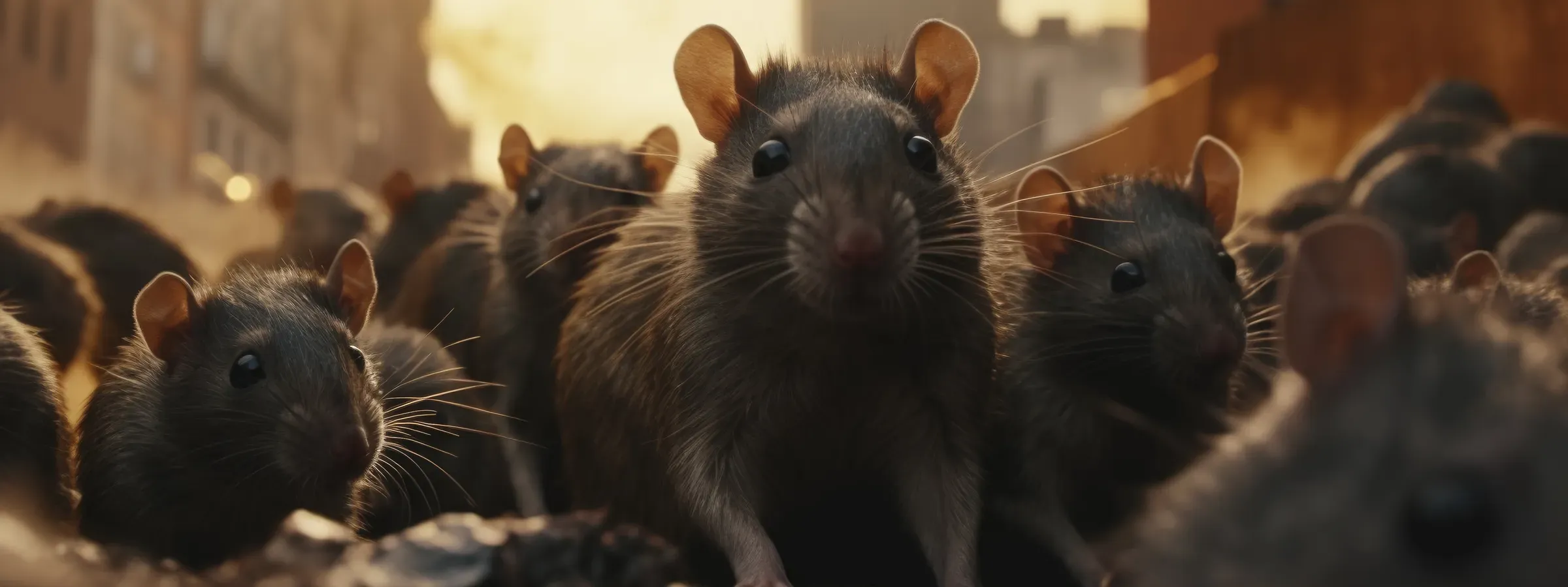 Grupo de ratas mirando de frente en una calle de la ciudad, imagen para el control de roedores en Bogotá