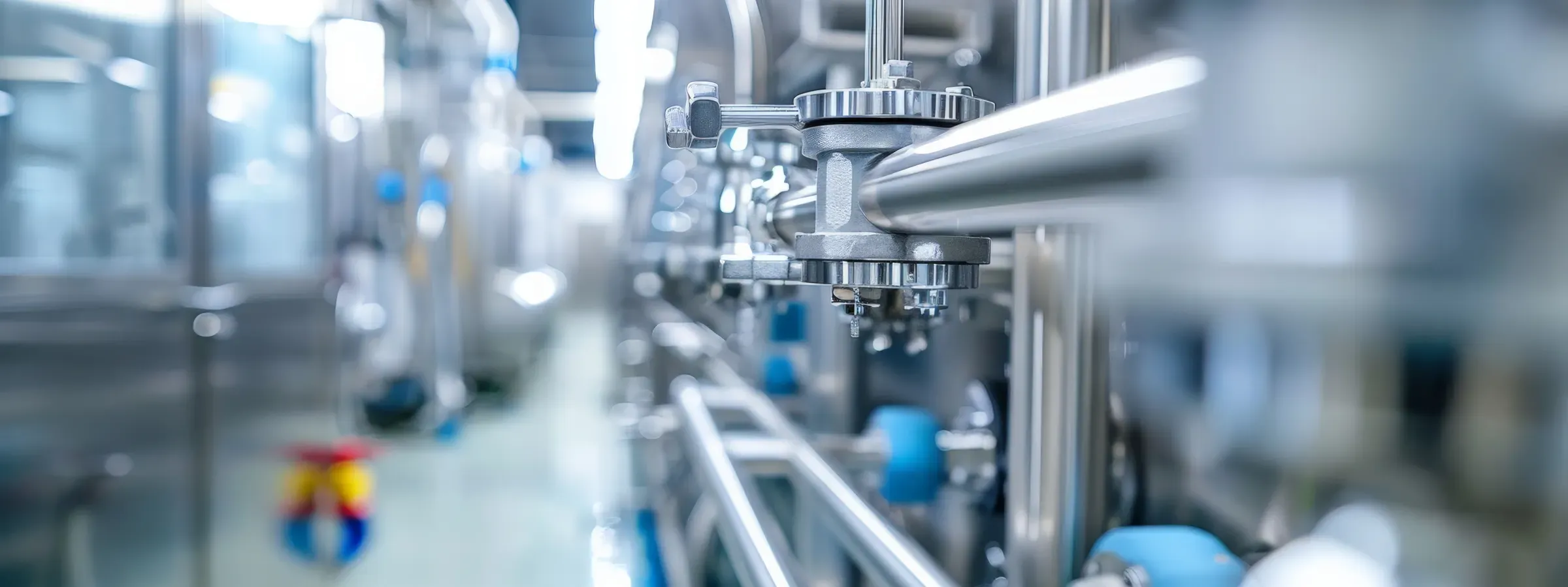 Tuberías de acero inoxidable y válvulas en una planta de procesamiento de alimentos, control de plagas en la industria alimentaria