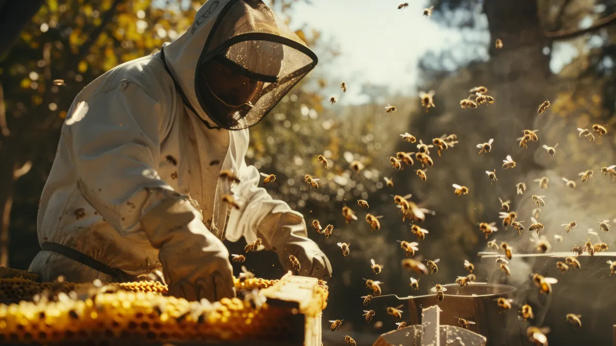 Manejo seguro de un enjambre de abejas con ahumador Apicultor con traje de protección usando un ahumador junto a un panal con abejas volando en Bogotá