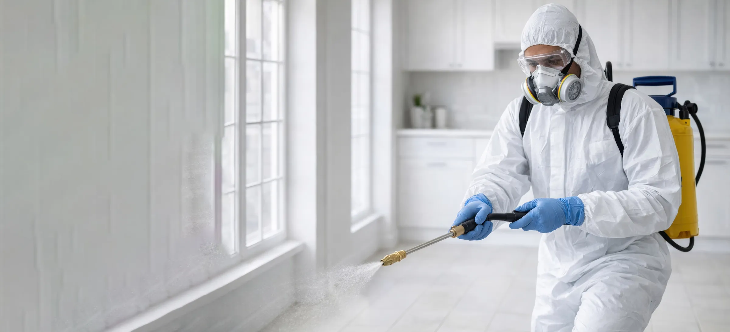 Técnico fumigando una cocina blanca en un servicio de control de plagas en Bogotá