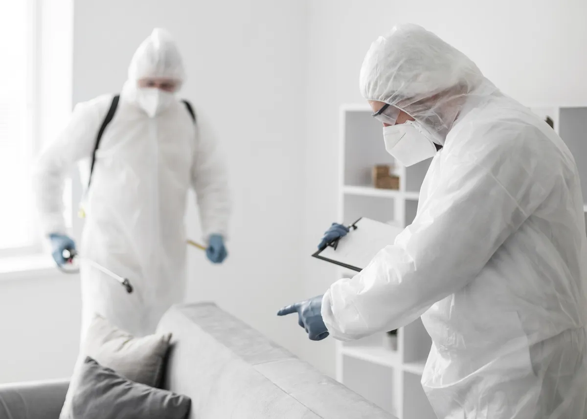 Inspección y desinfección de áreas con equipo de protección Técnicos con traje de protección inspeccionando y desinfectando una sala durante un servicio de desinfección en Bogotá