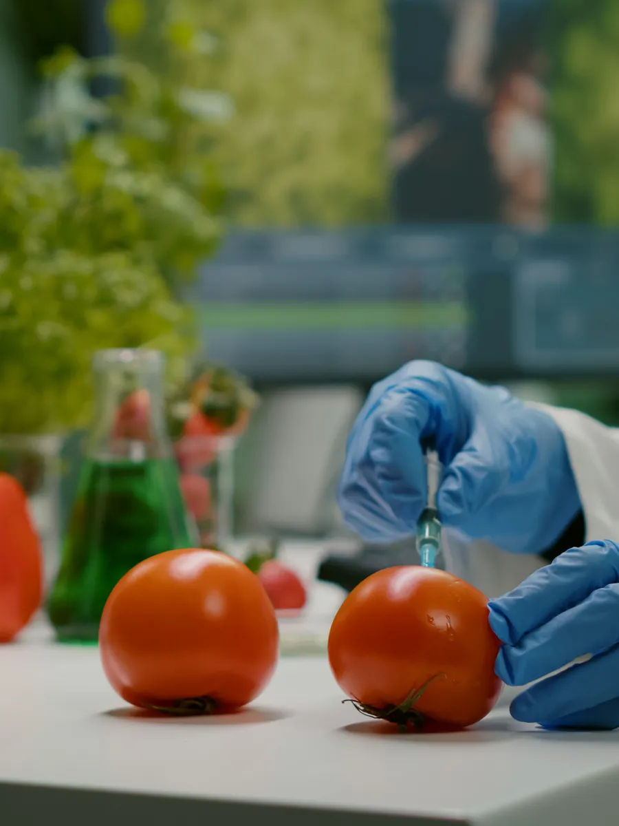Manos con guantes azules sosteniendo una jeringa sobre un tomate, junto a un microscopio y otras hortalizas en un laboratorio