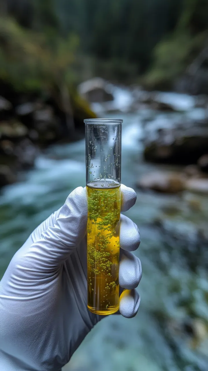 Toma de muestra de agua para análisis fisicoquímico y microbiológico Mano con guante sosteniendo un tubo de ensayo con una muestra de agua para análisis de laboratorio