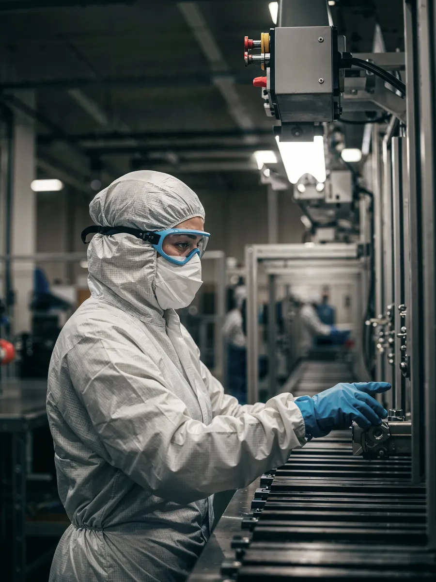 Operaria con traje de protección, gafas y tapabocas trabajando en una línea de producción de una planta de alimentos