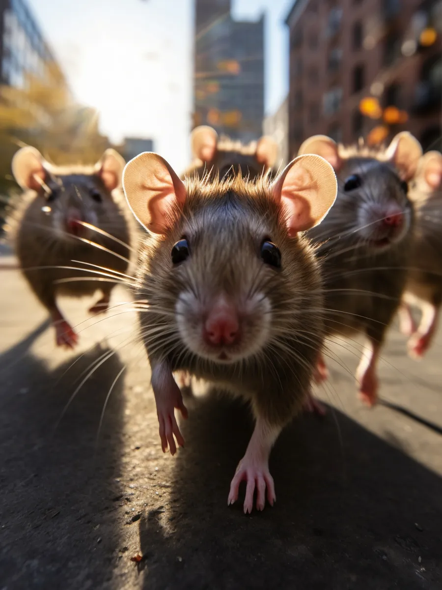 Rata de frente con otras ratas detrás corriendo por una calle de la ciudad en Bogotá