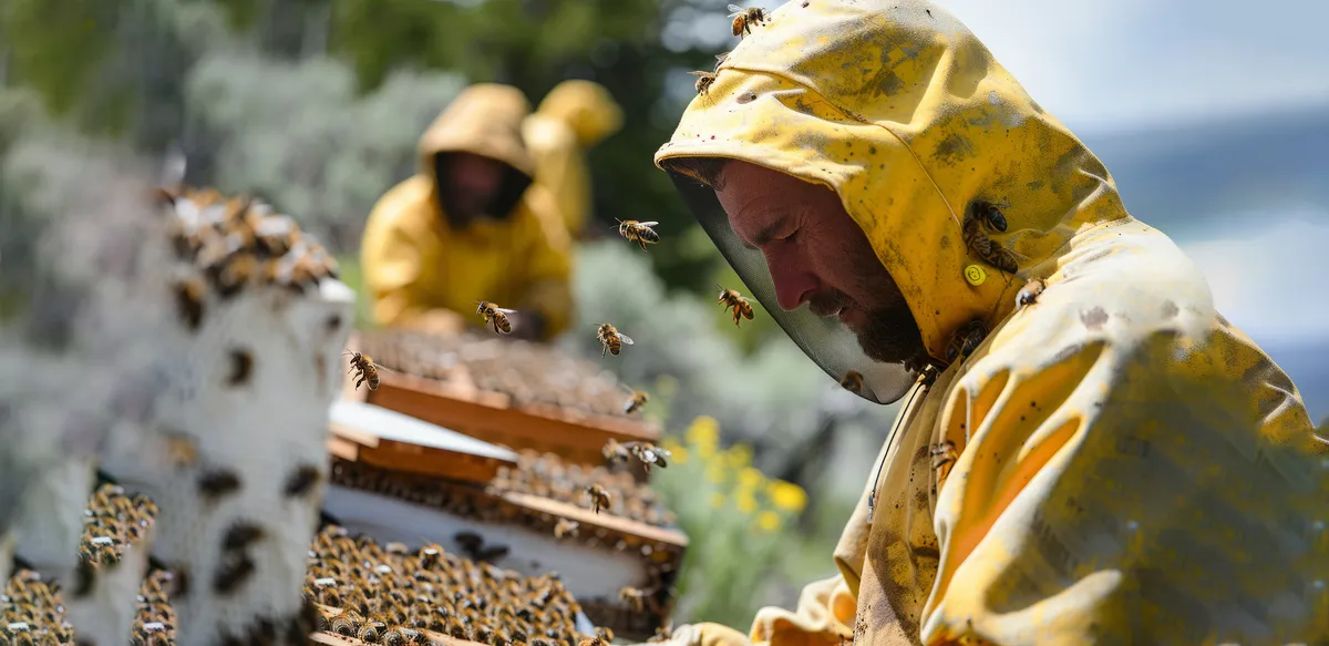 Reubicación de enjambres de abejas en apiario – Fumigaciones El Triunfo Apicultores con traje de protección revisando colmenas al reubicar un enjambre de abejas en un apiario